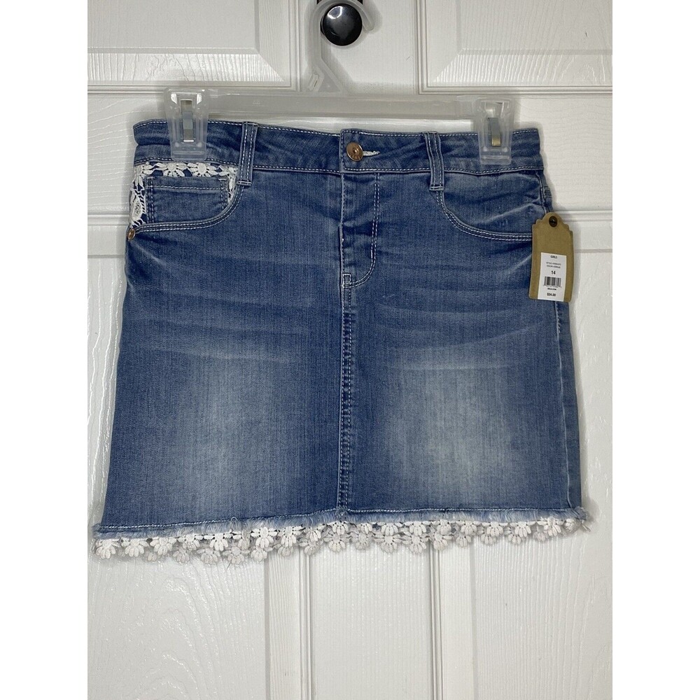 True Craft Girls Denim Skirt Light Wash Size 14 NWT Raw Hem Lace Accent